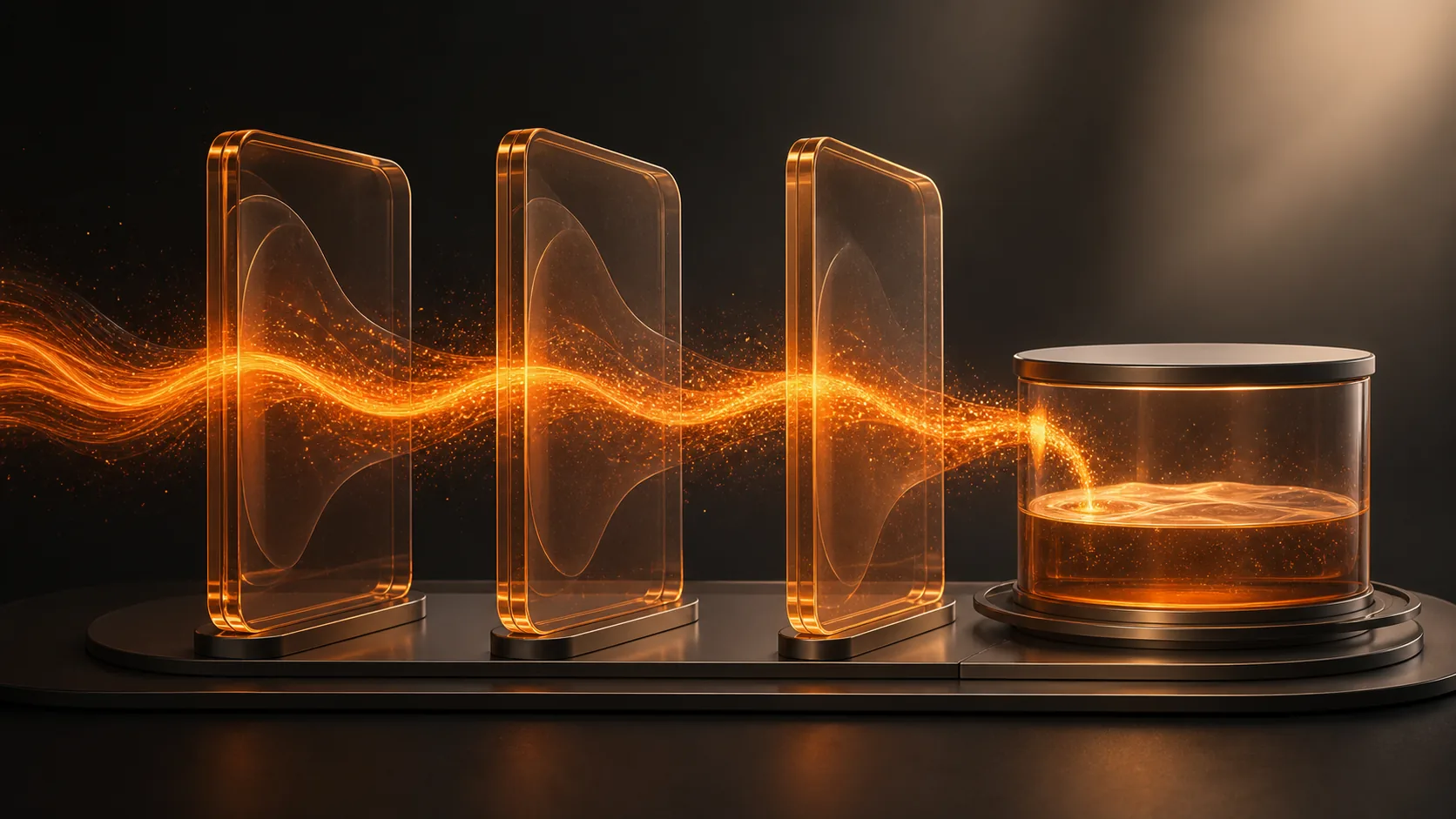 On a dark background, a beam of orange light flows through three transparent warm-colored time windows, showing cyclical fund transfers.