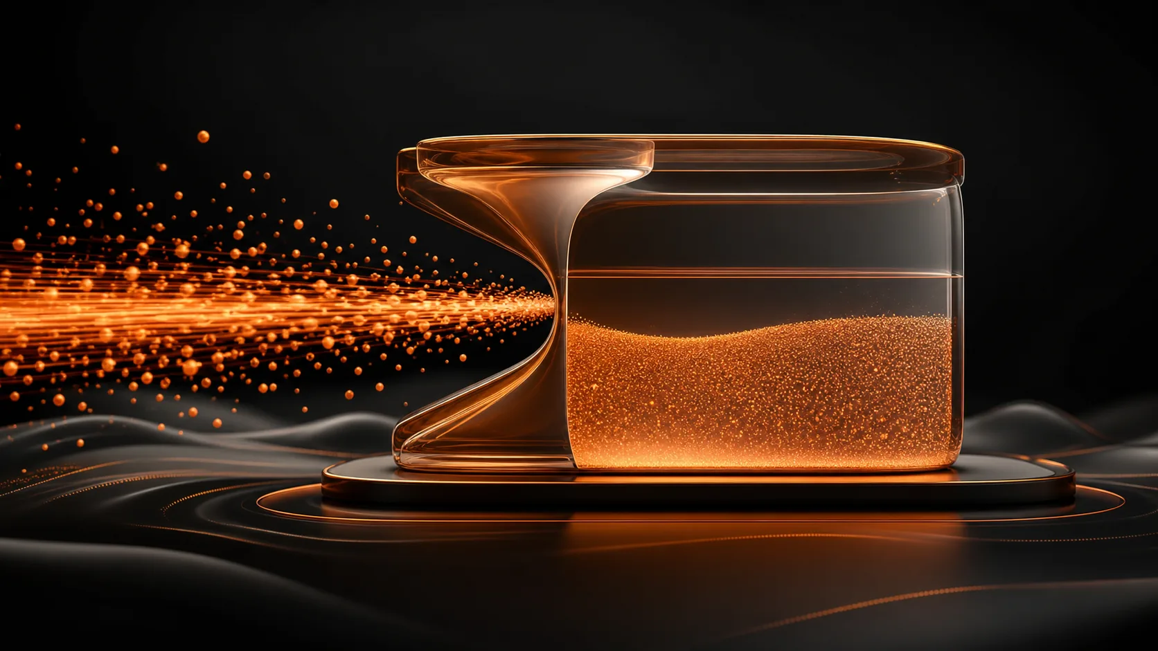 In the dark research scene, orange streamlines pass through a stable warm container, showing the difference between flow and stock.